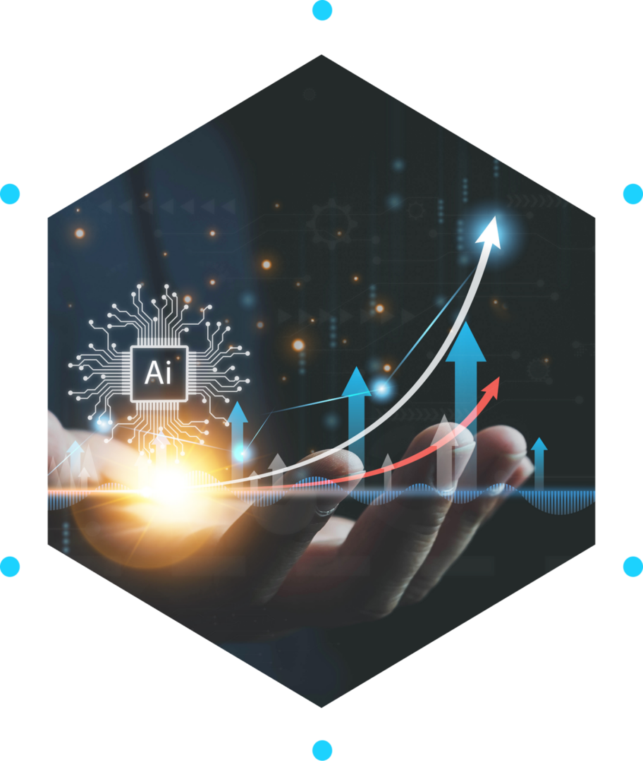 Hands holding AI chip and growth chart.